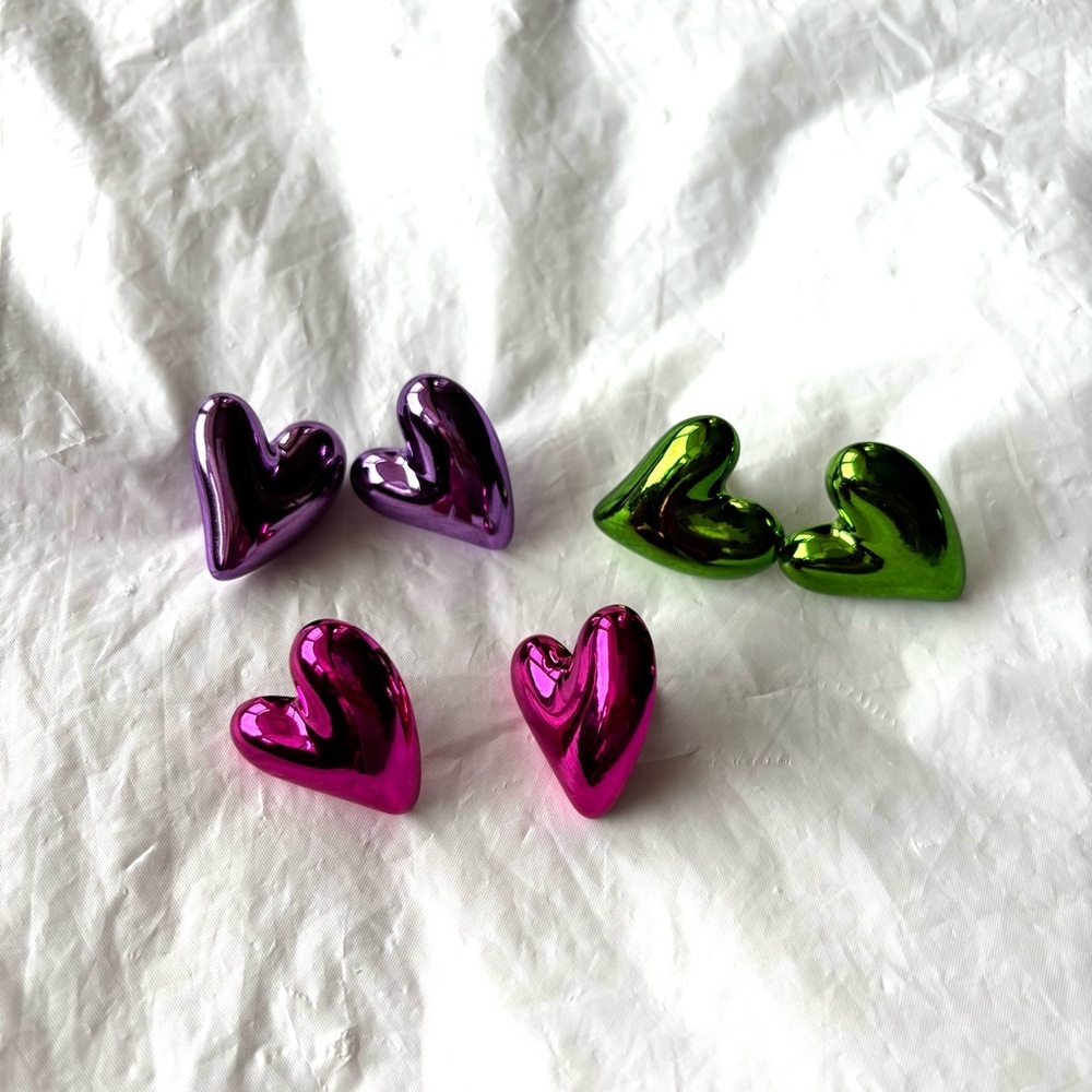 Earrings Heart Metallic Pink Purple Green Pierced. 3 pairs. NWT - Picture 4 of 6